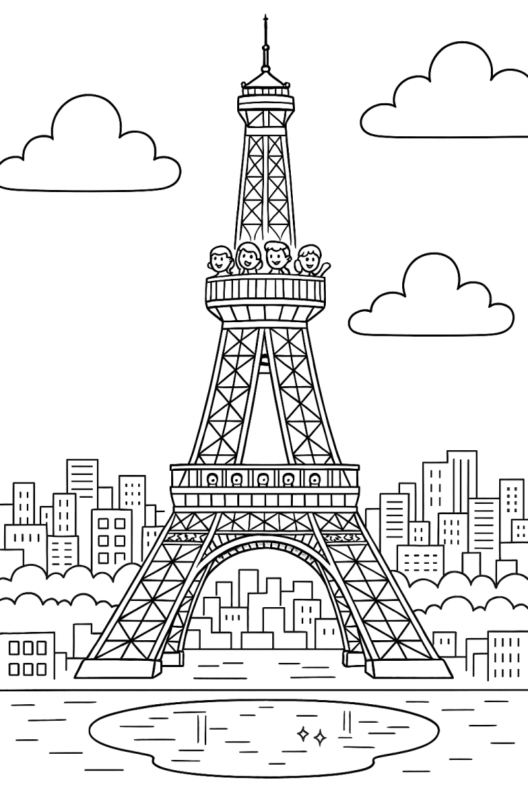 Eiffel Tower with children coloring page
