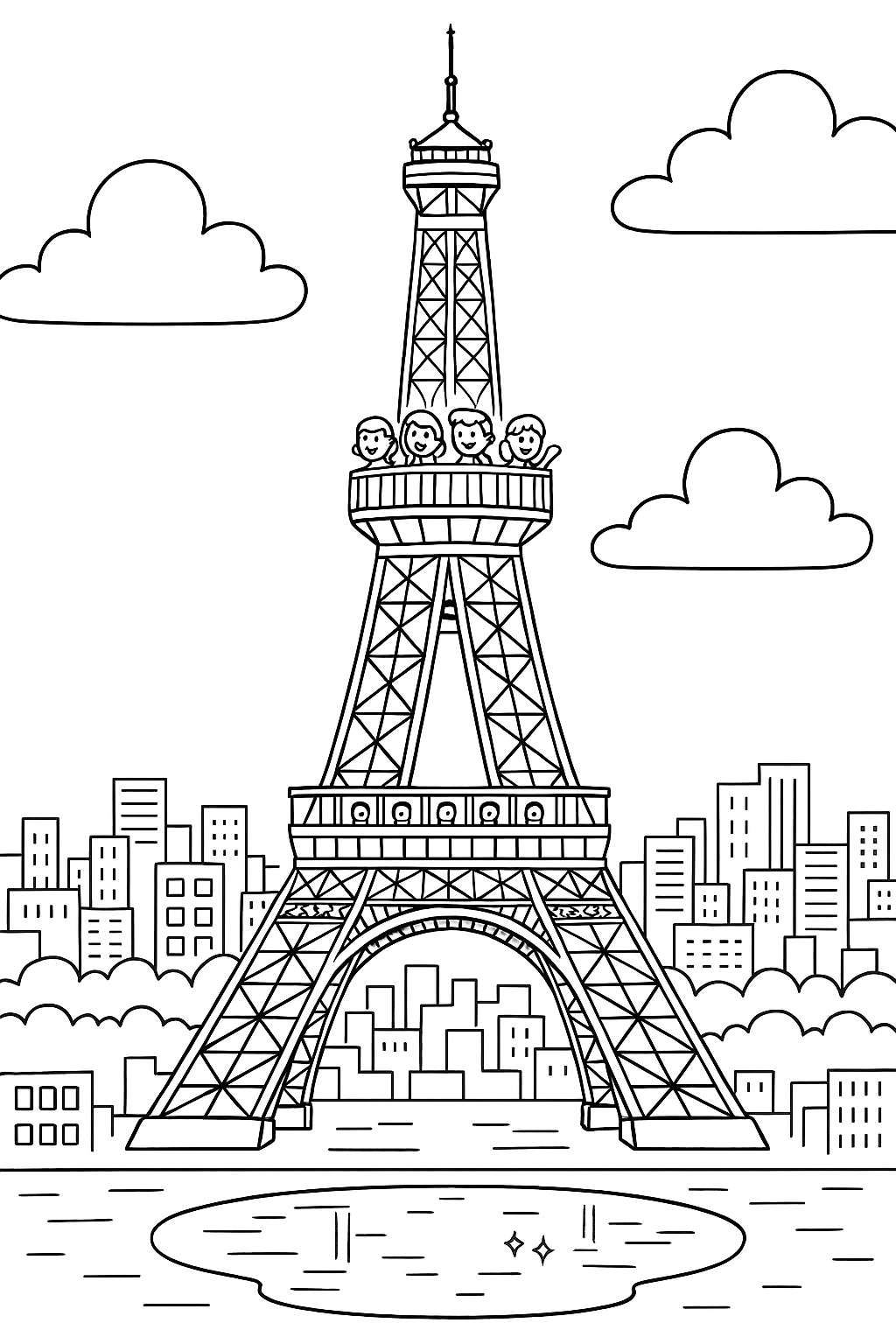 Eiffel Tower with children coloring page