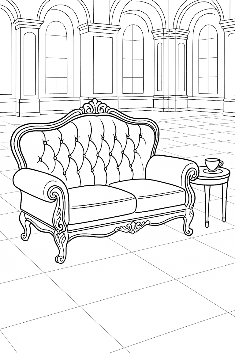 Coloring page of an elegant living room with sofa
