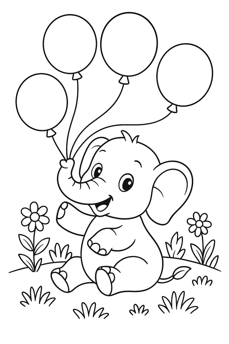Cute elephant holding balloons coloring page