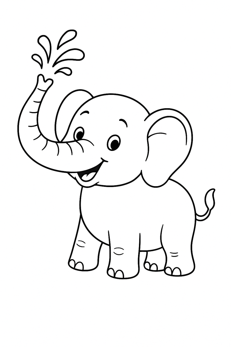Cute elephant with water splash coloring page