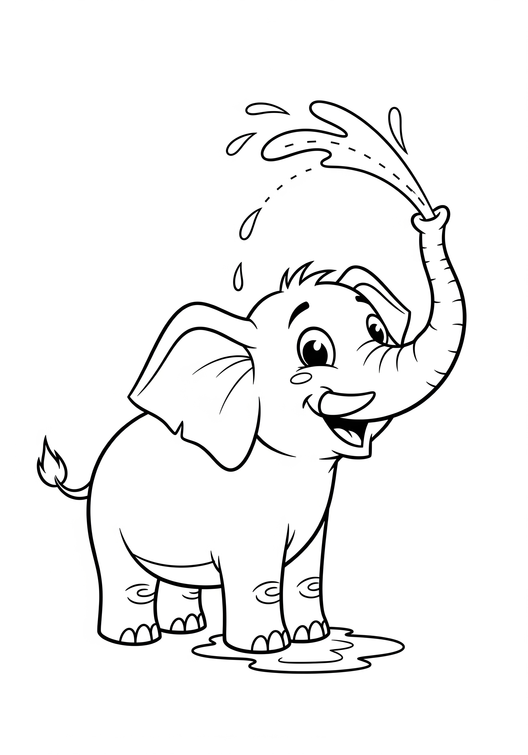 Happy cartoon elephant spraying water coloring page