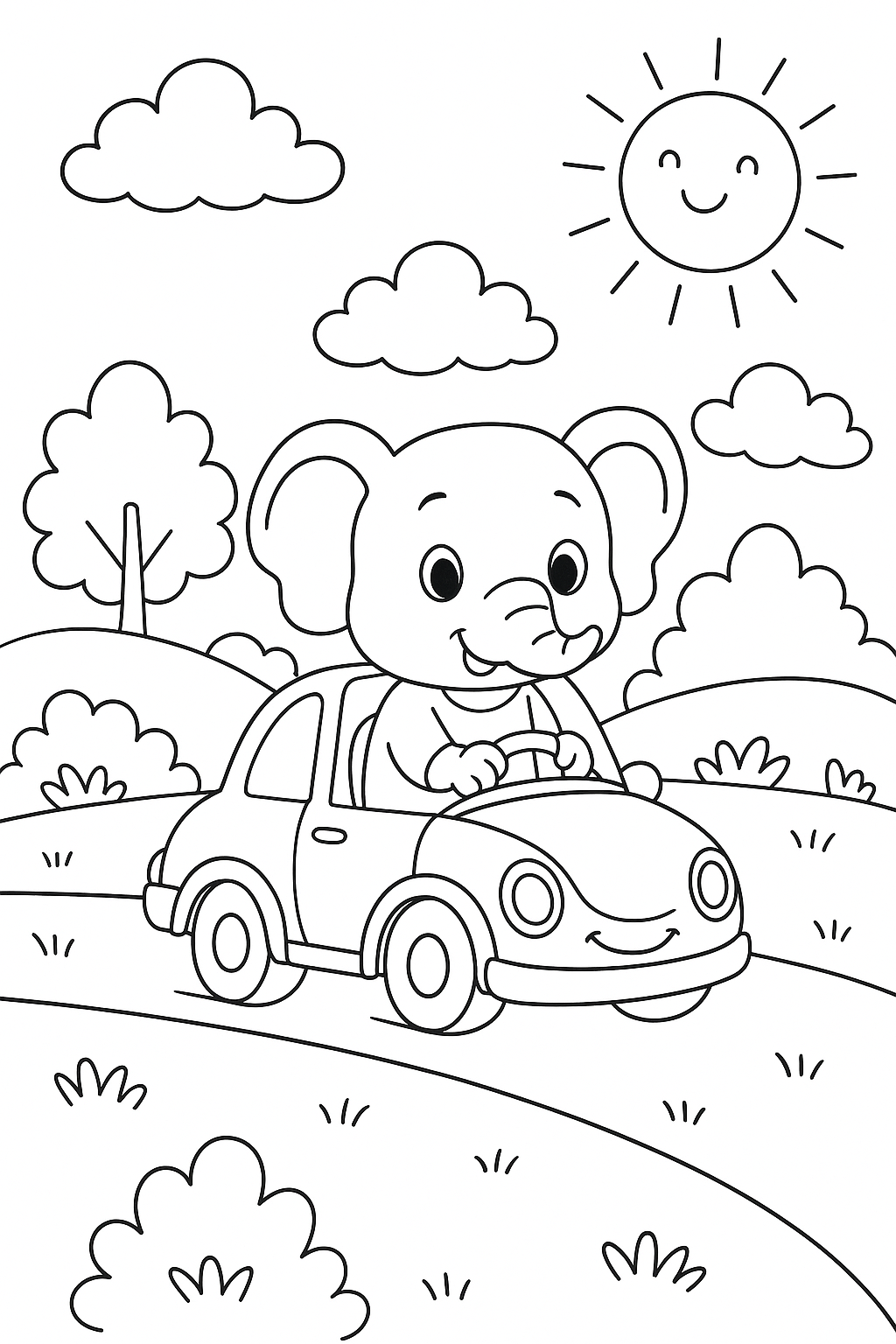 An elephant driving a car in a sunny landscape