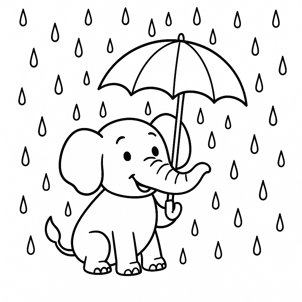 Elephant holding an umbrella in the rain