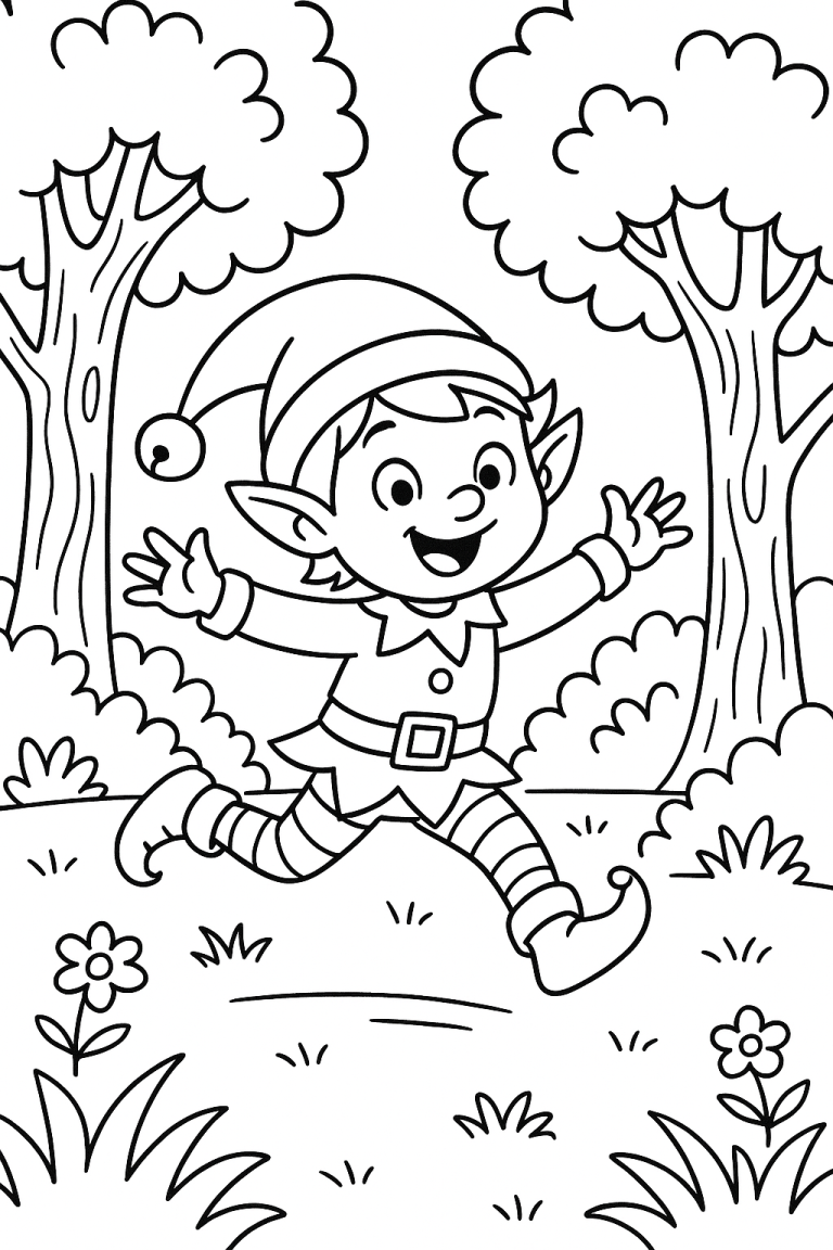 A playful elf running in a forest coloring page
