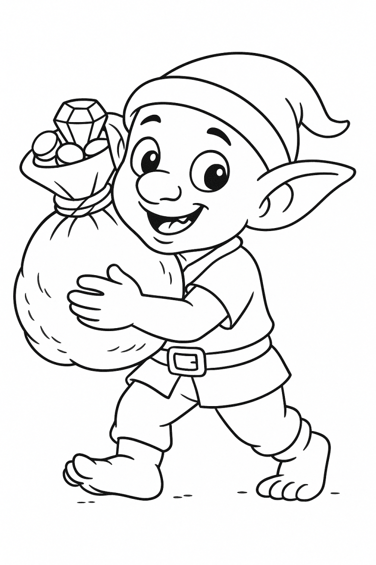 Elf carrying a sack of treasures coloring page