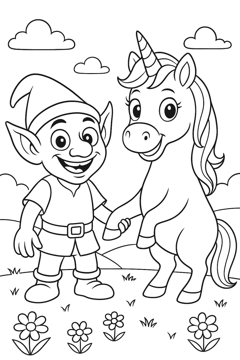 Elf and unicorn holding hands in a meadow.
