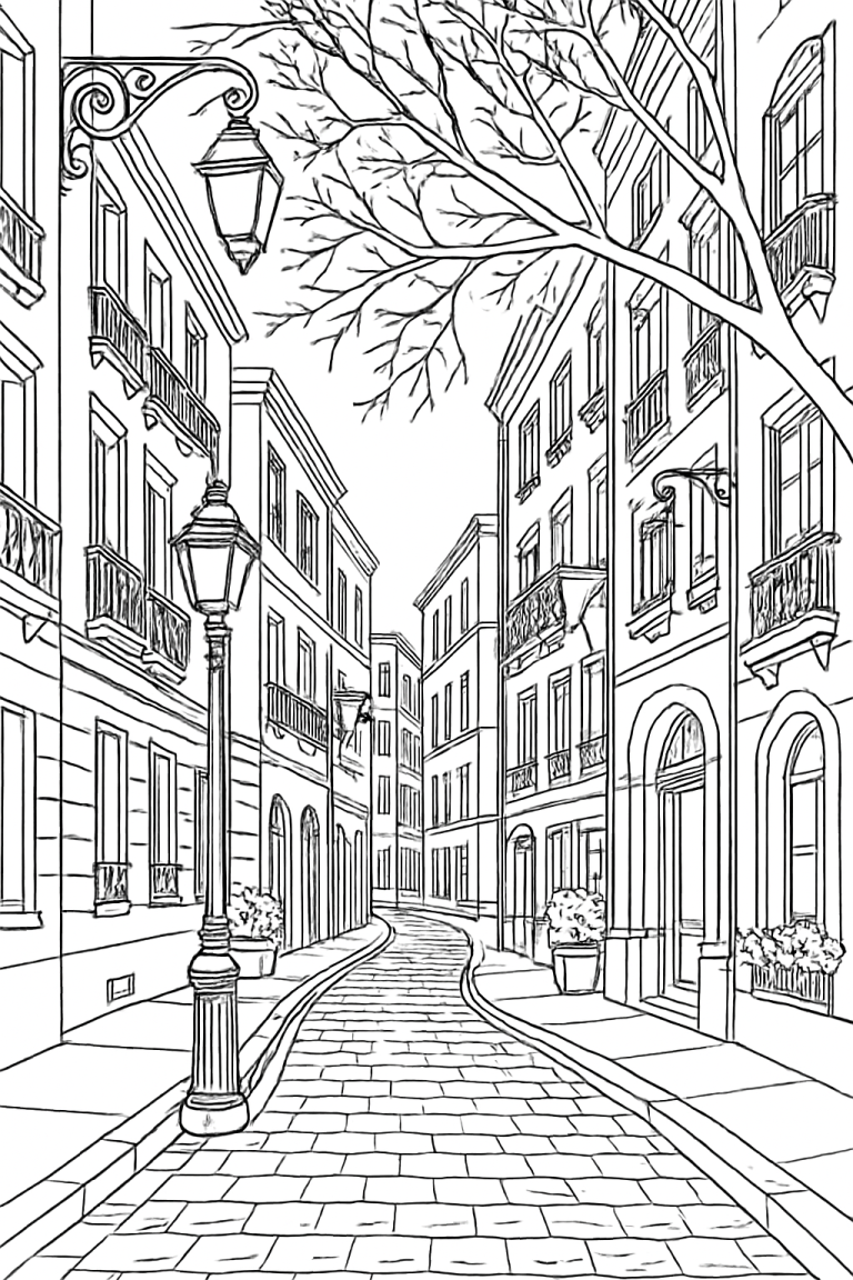 Detailed European street scene coloring page