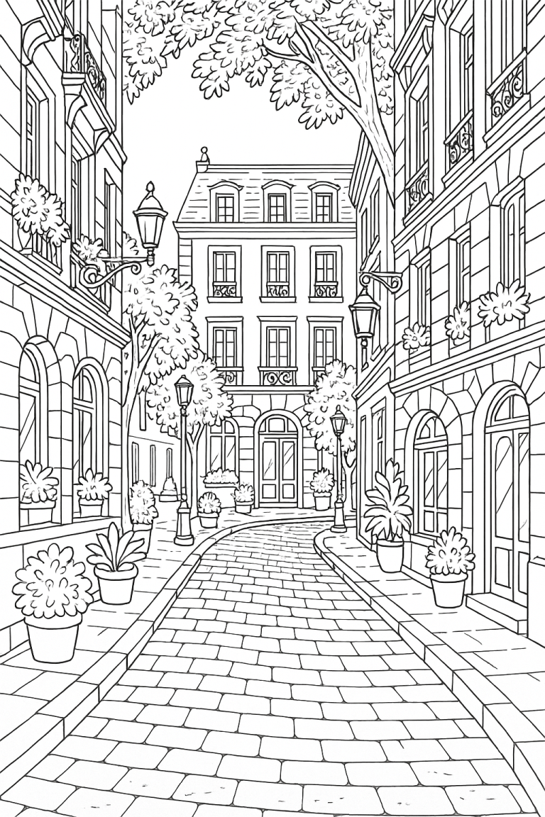 A detailed coloring page depicting a European street scene with buildings and trees.