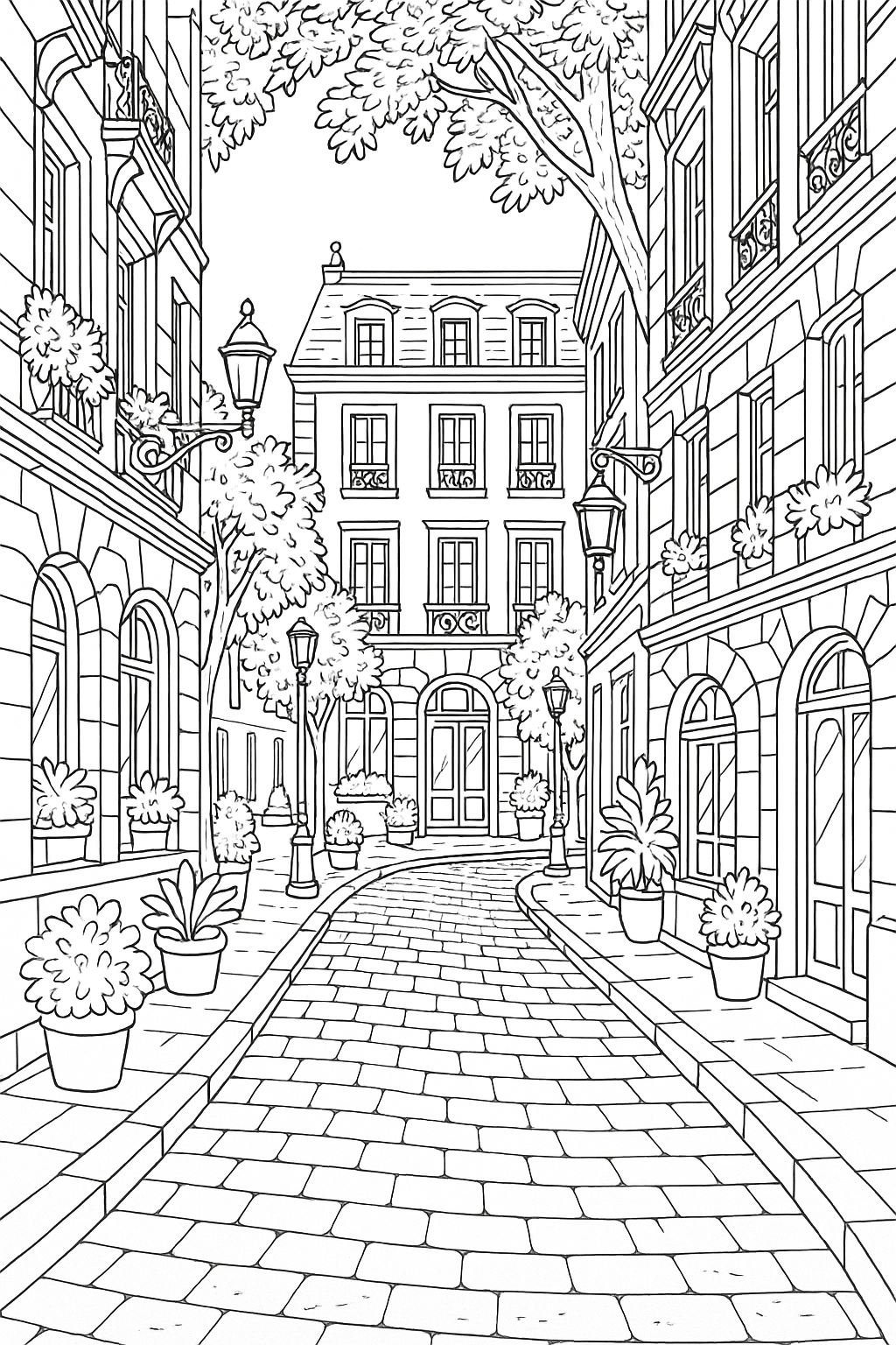A detailed coloring page depicting a European street scene with buildings and trees.