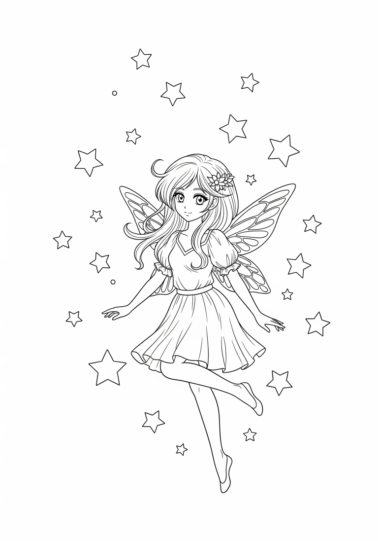 Fairy coloring page with stars for children