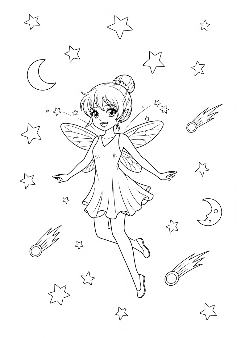 Fairy coloring page for children with stars and moons