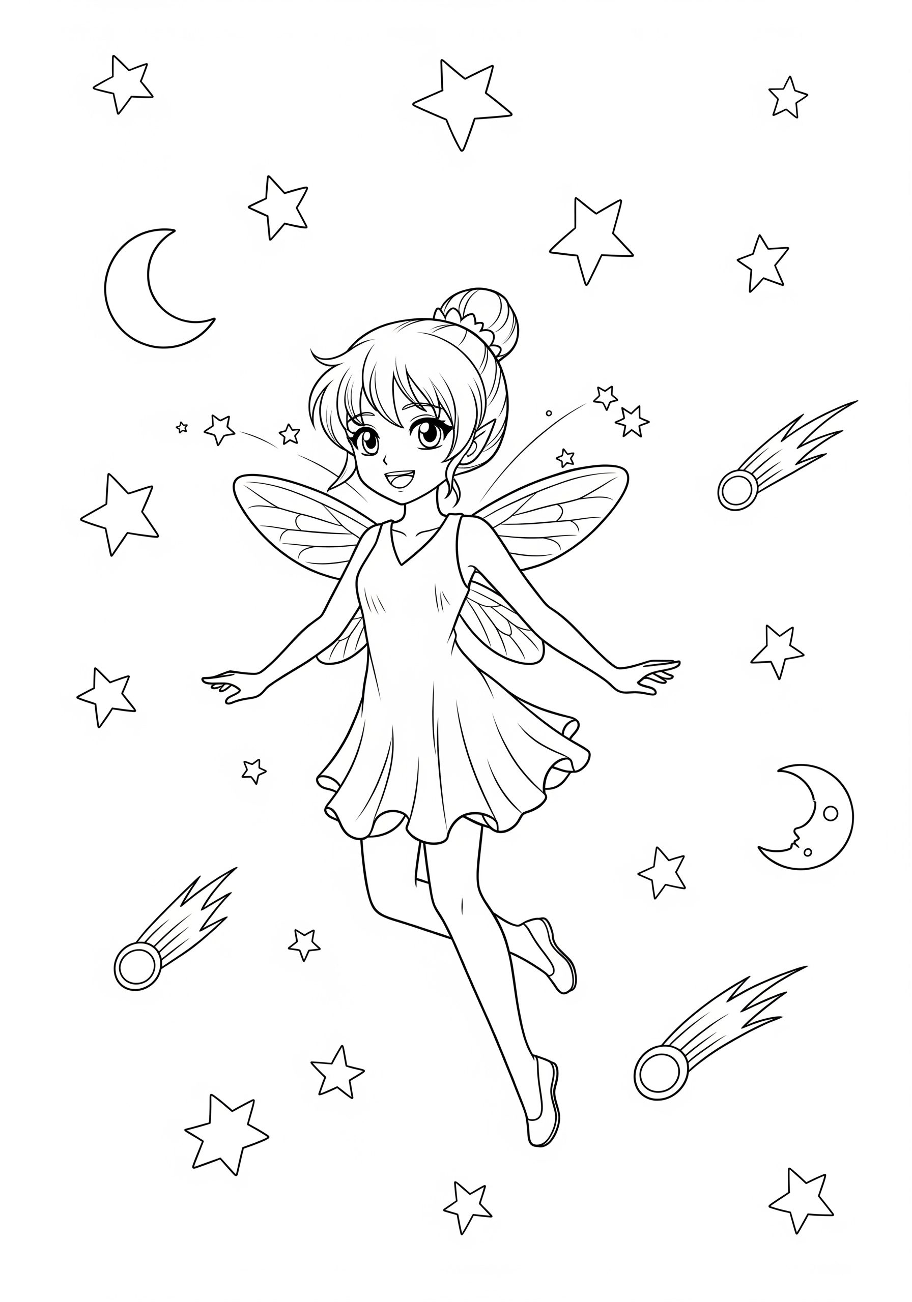 Fairy coloring page for children with stars and moons