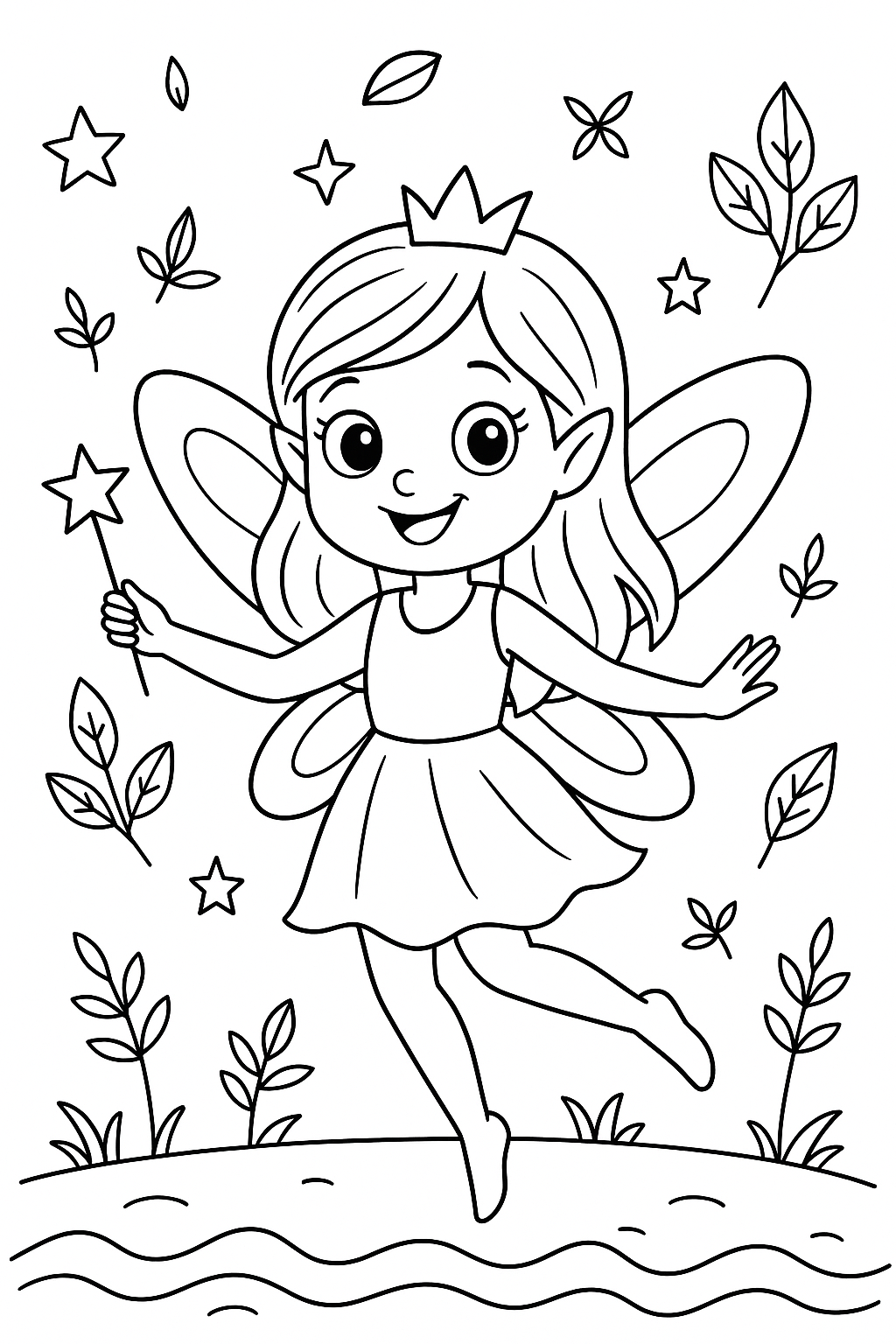 Coloring page of a fairy with a wand and wings