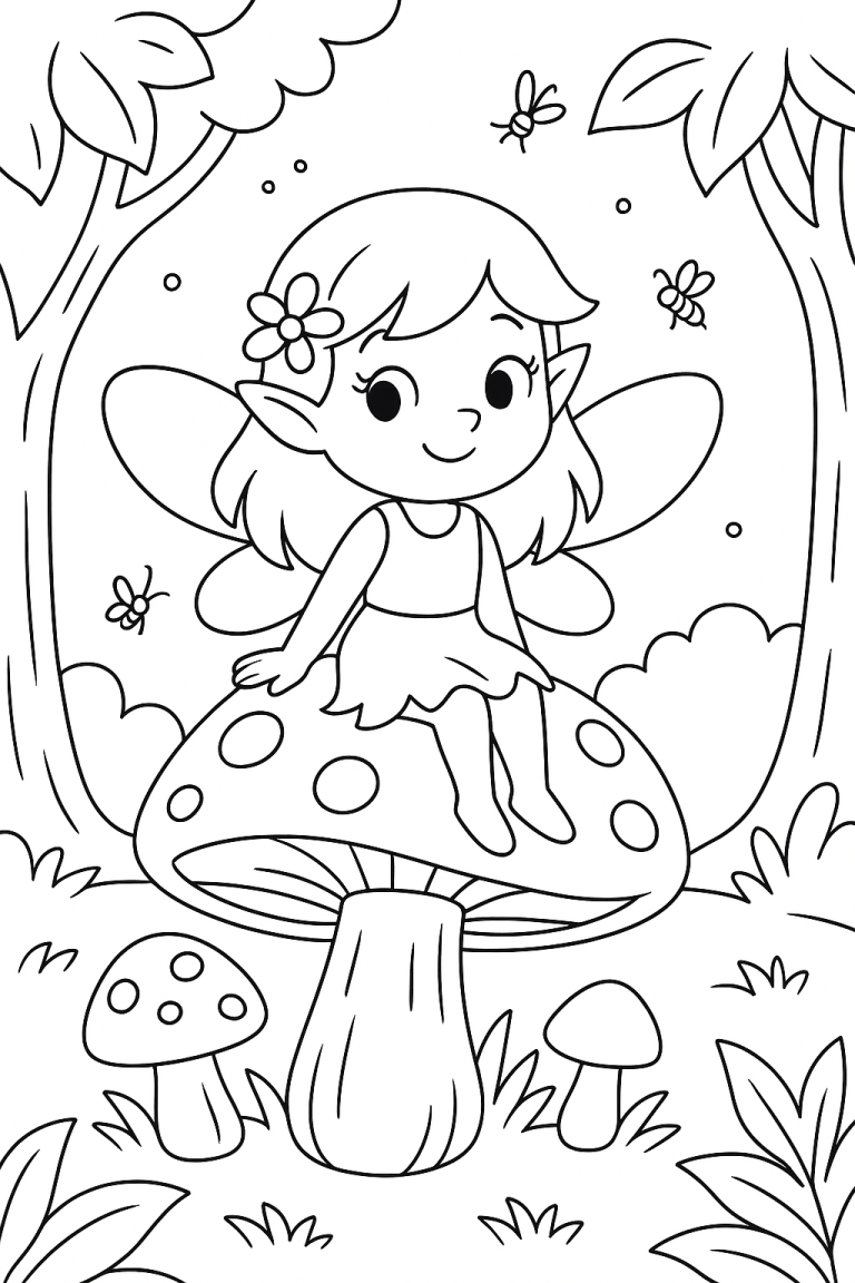 Fairy sitting on a toadstool in a forest coloring page
