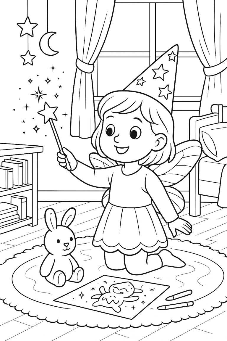 Child dressed as a fairy with a wand and rabbit toy