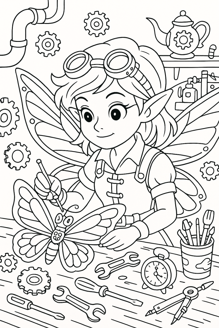 Fairy tinkering in a workshop with tools