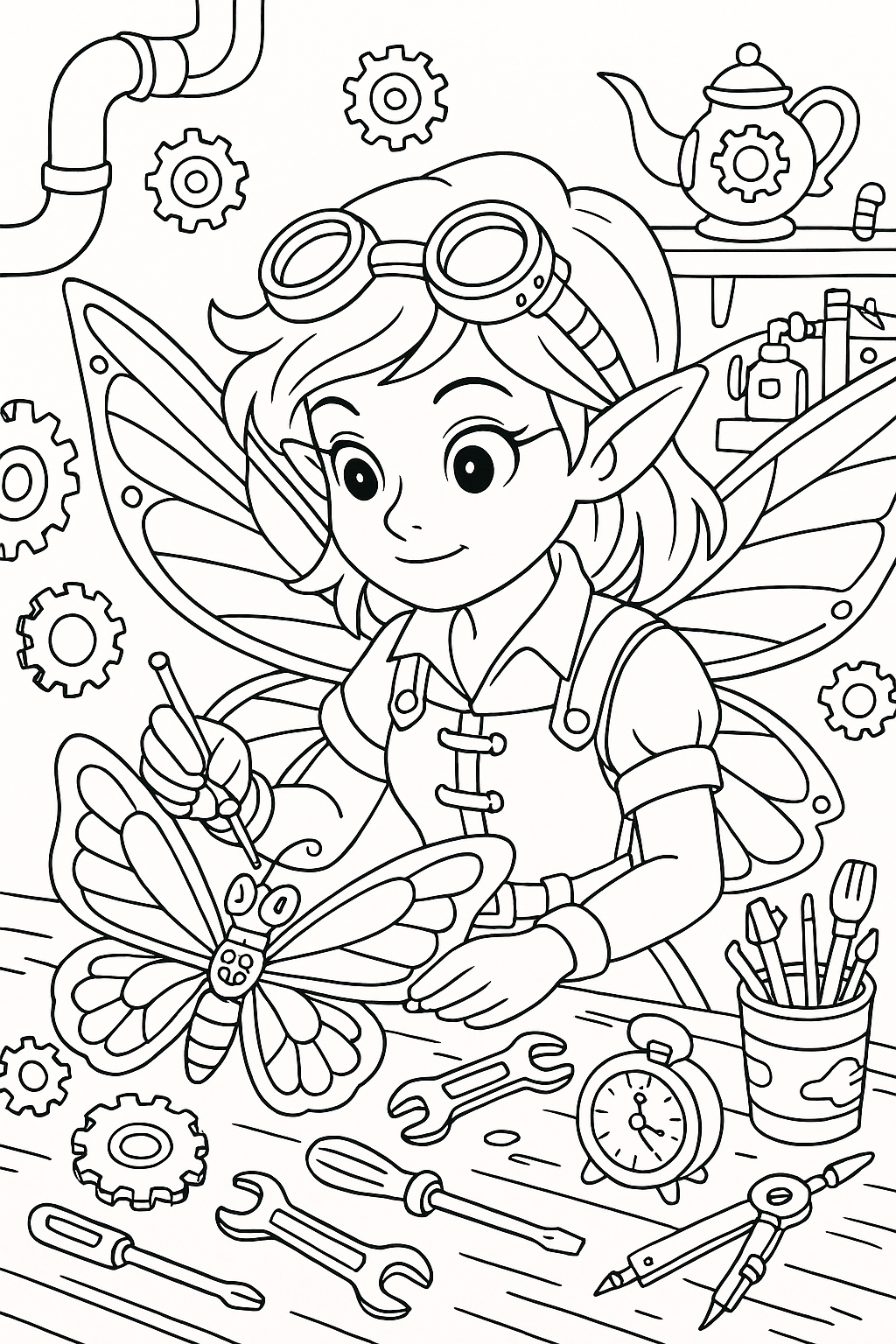 Fairy tinkering in a workshop with tools