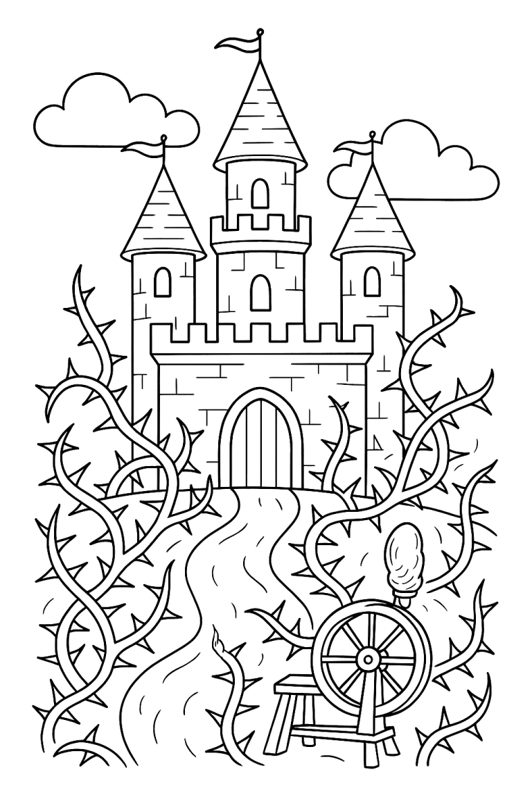 Coloring page of a fairy tale castle with thorny vines.