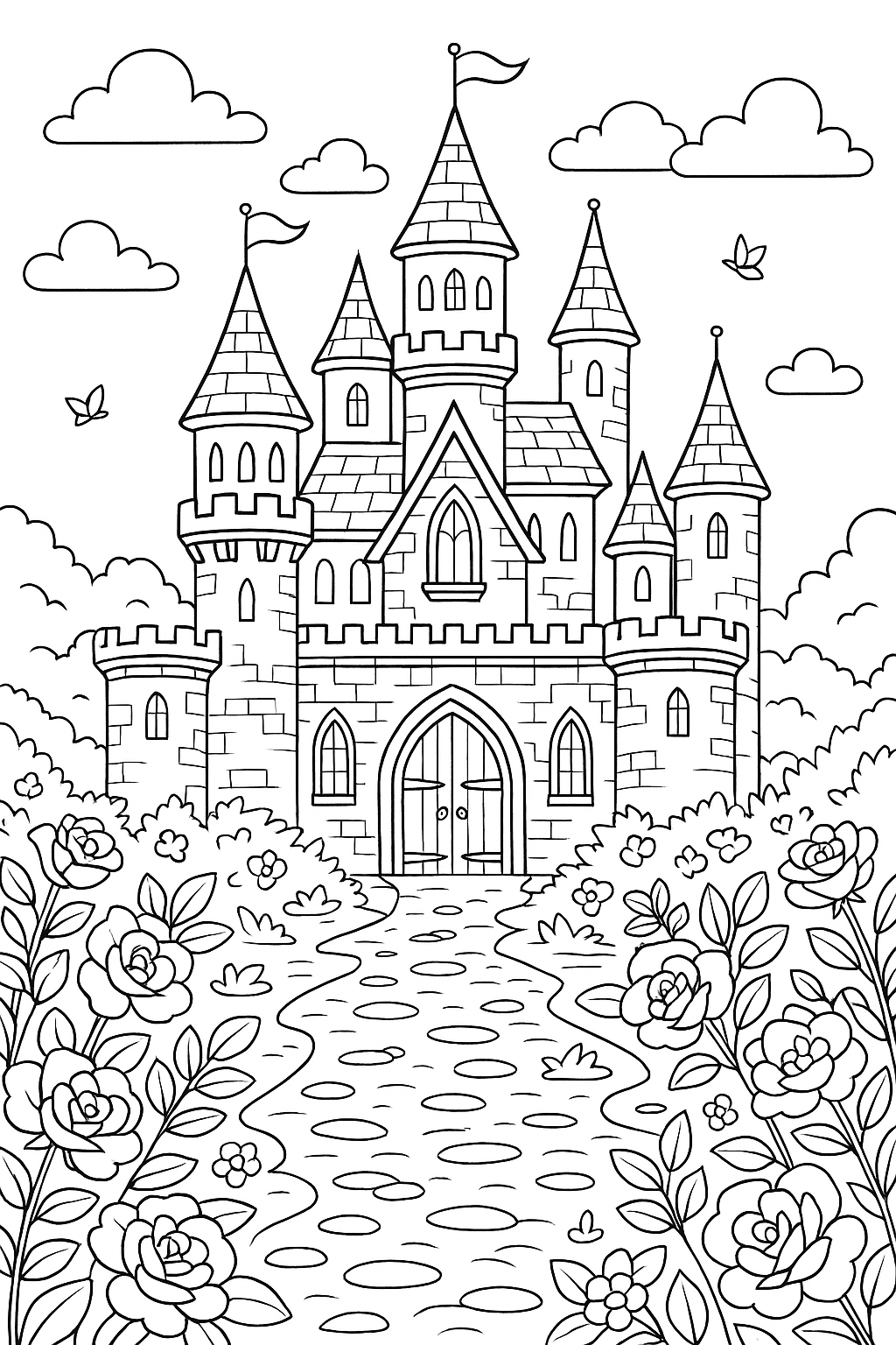 Fairy tale castle with towers and garden