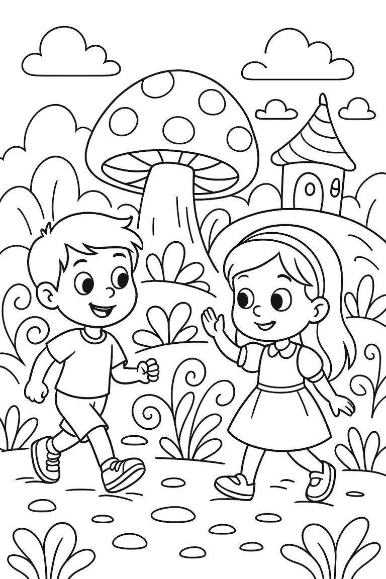 Children in a fairy tale landscape with a mushroom house.