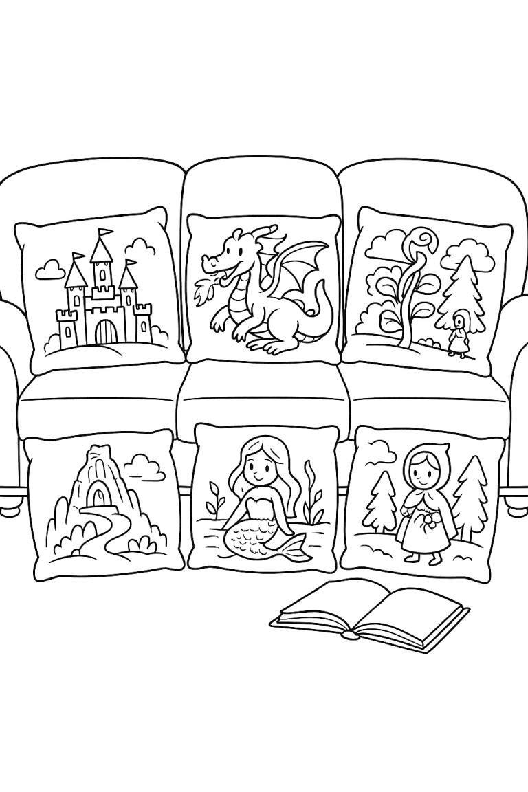 Children's coloring page featuring fairy tale scenes on pillows.