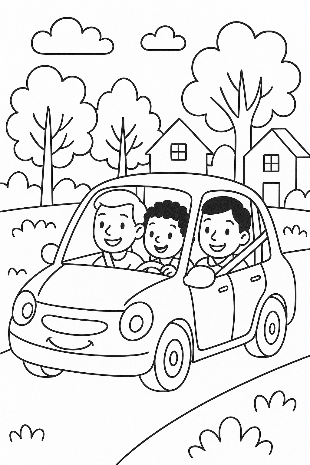Family enjoying a car ride in a coloring page