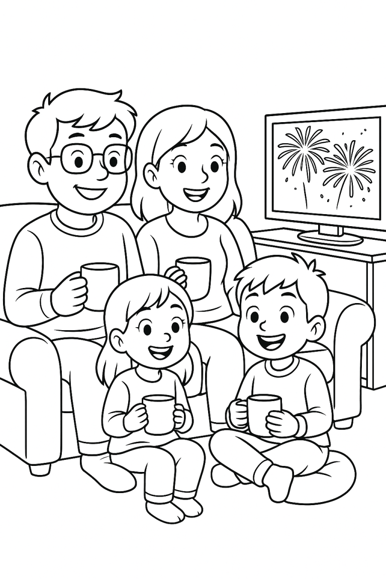 Family watching fireworks on television while sitting on a couch.