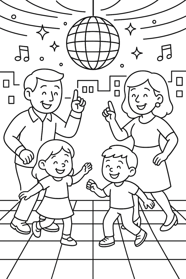 Family dance party coloring page with parents and kids