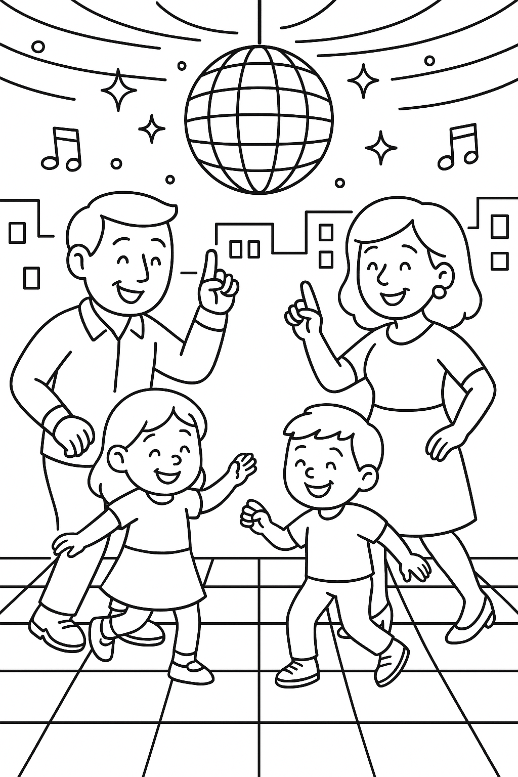 Family dance party coloring page with parents and kids