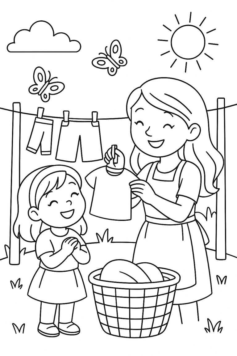Mother and daughter doing laundry outside on a sunny day