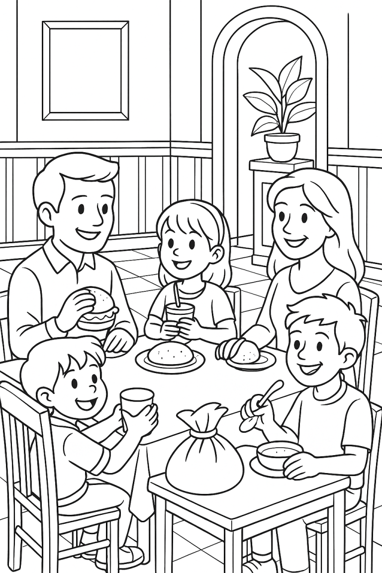 A family enjoying a meal together in a coloring page