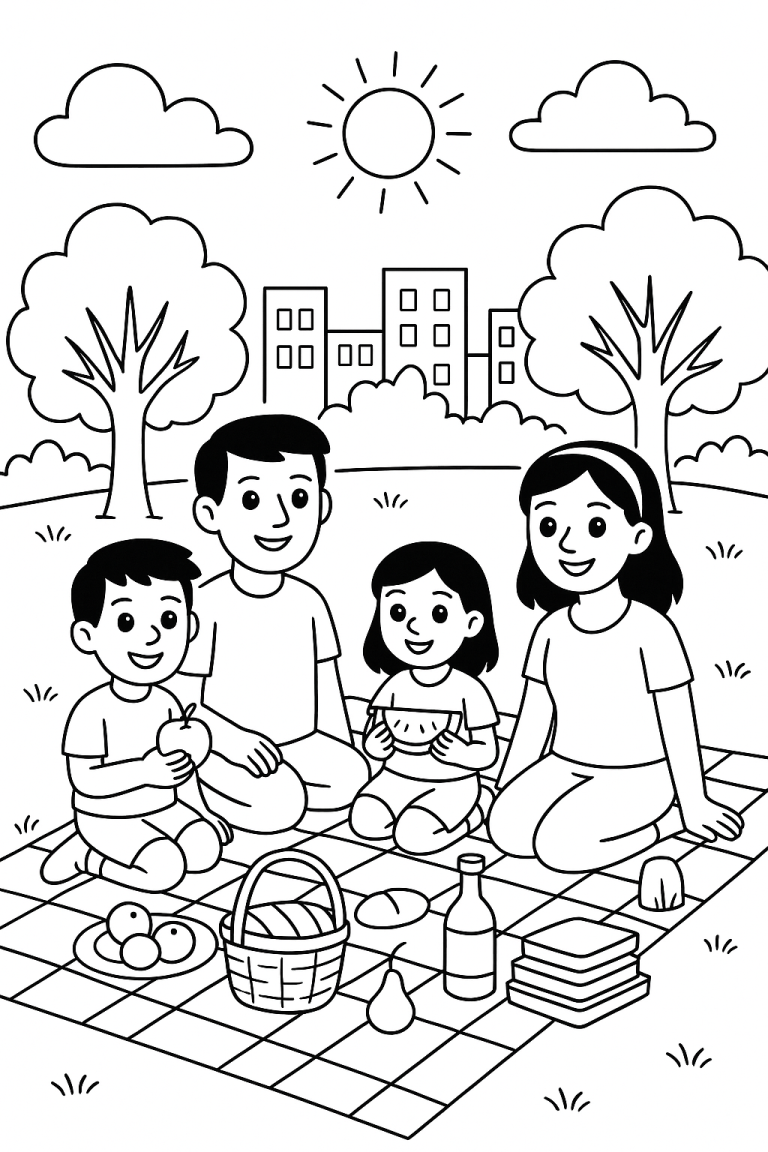 Family picnic coloring page with parents and kids