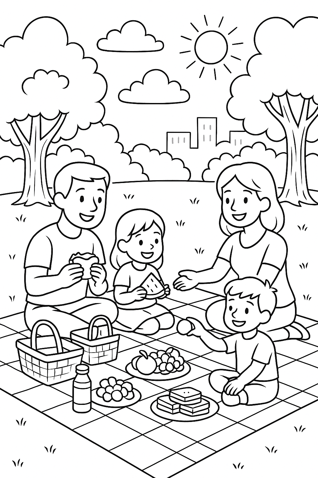 Family having a picnic in the park coloring page