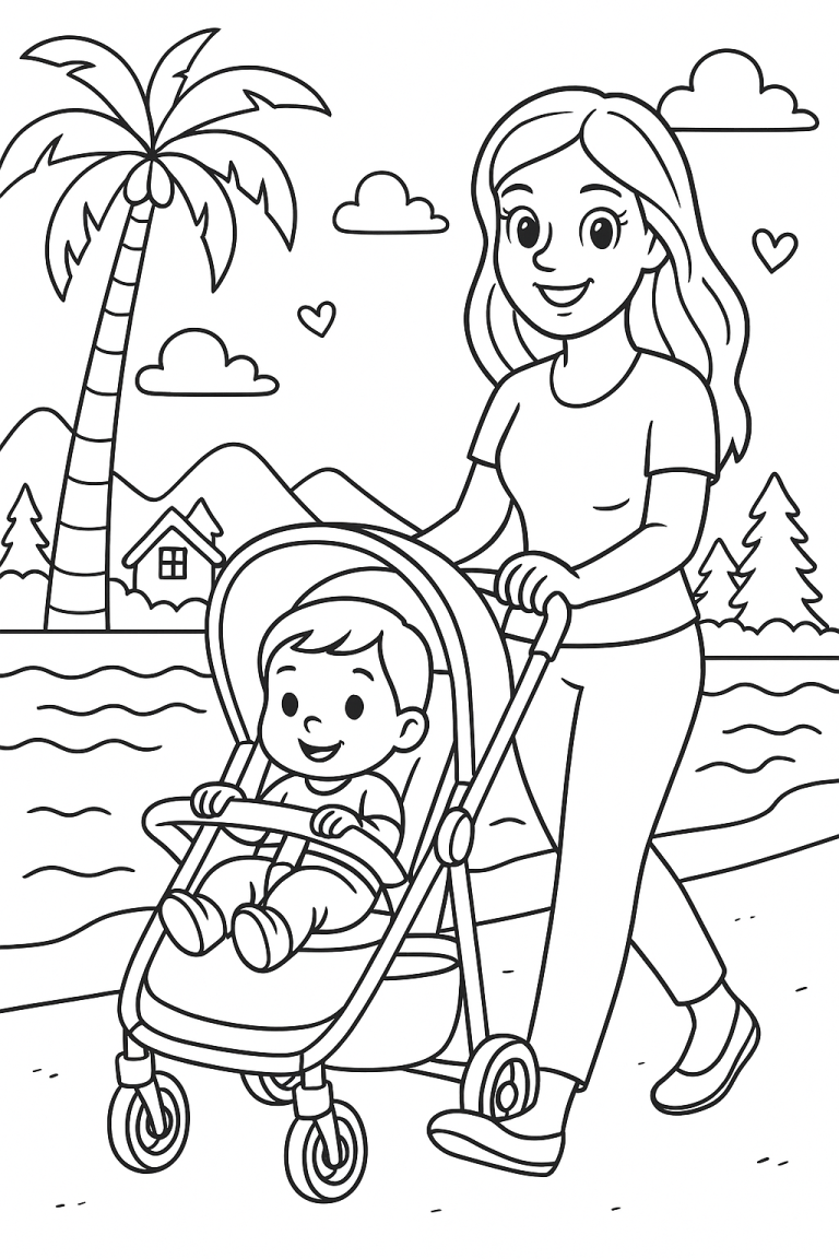 Parent and child enjoying a walk by the beach in a stroller.