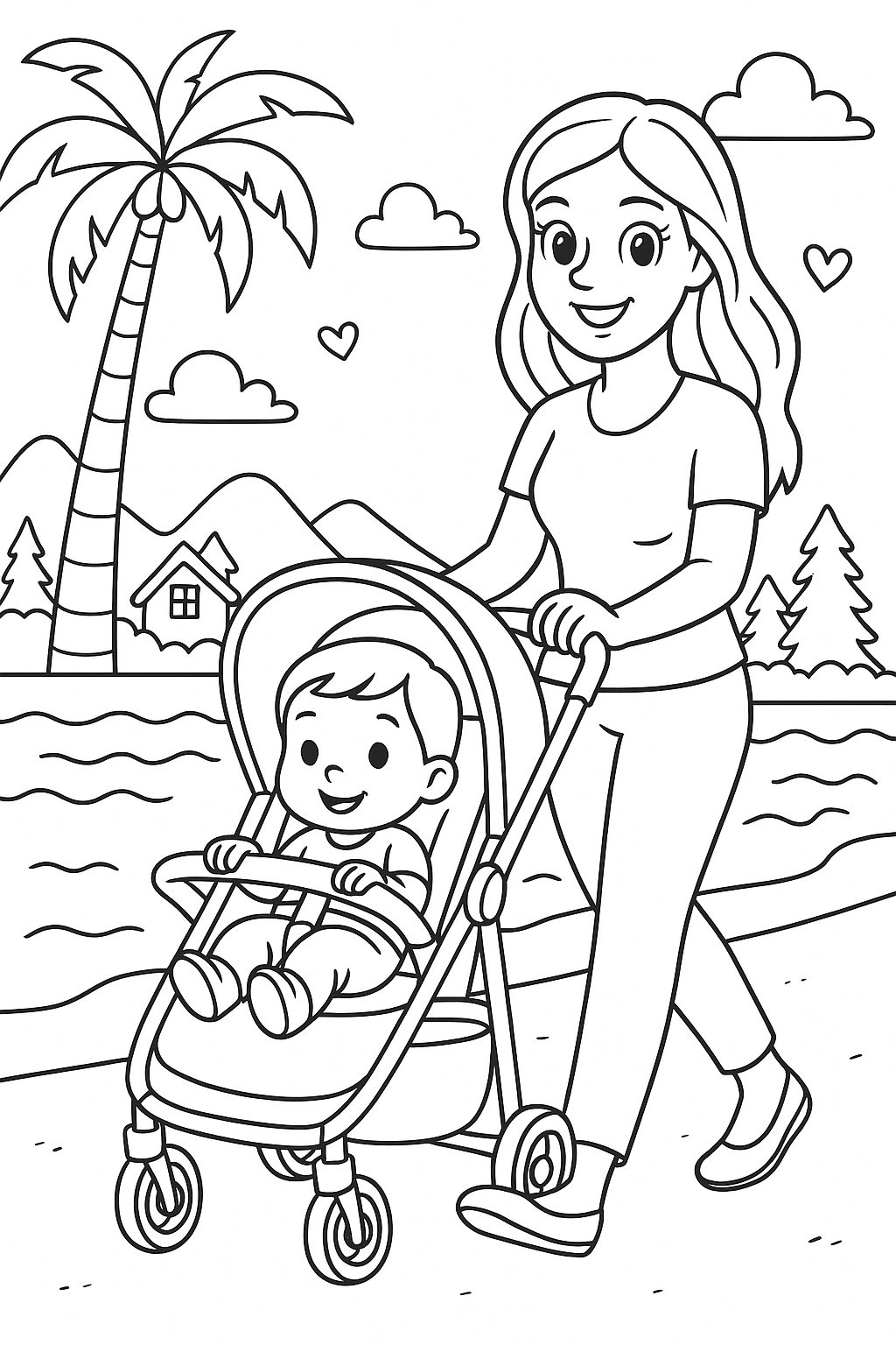 Parent and child enjoying a walk by the beach in a stroller.