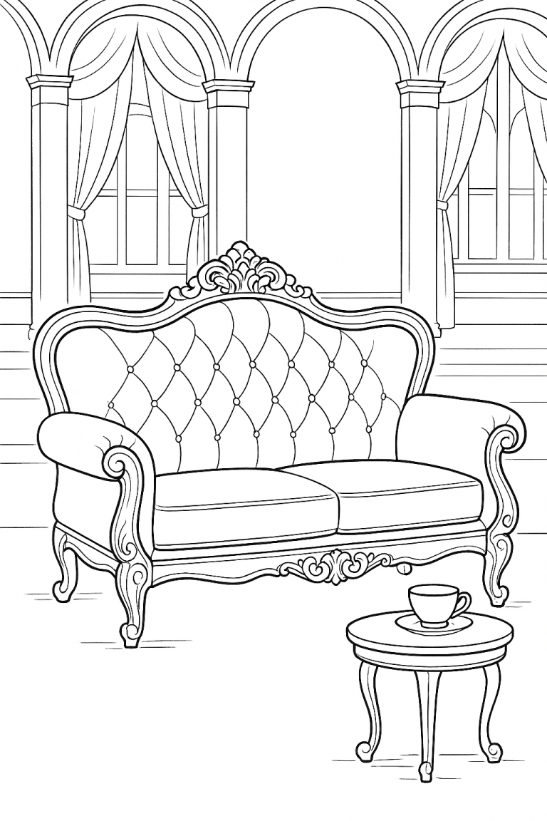 Fancy sofa in a decorative room coloring page