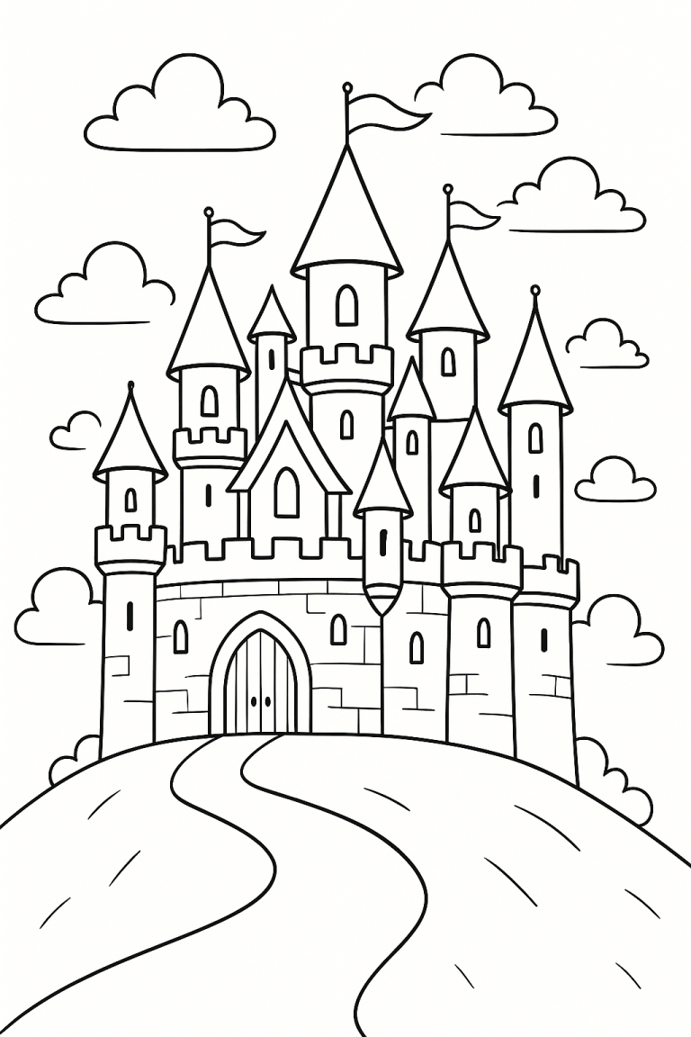 Fantasy castle coloring page with towers and flags