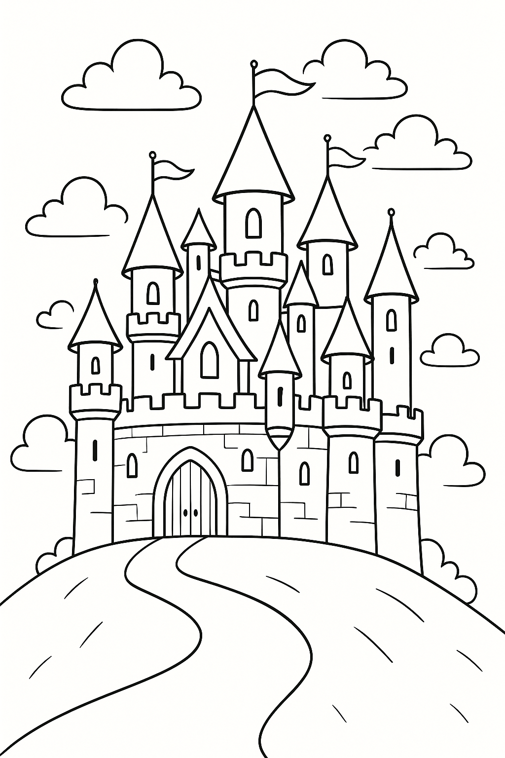 Fantasy castle coloring page with towers and flags