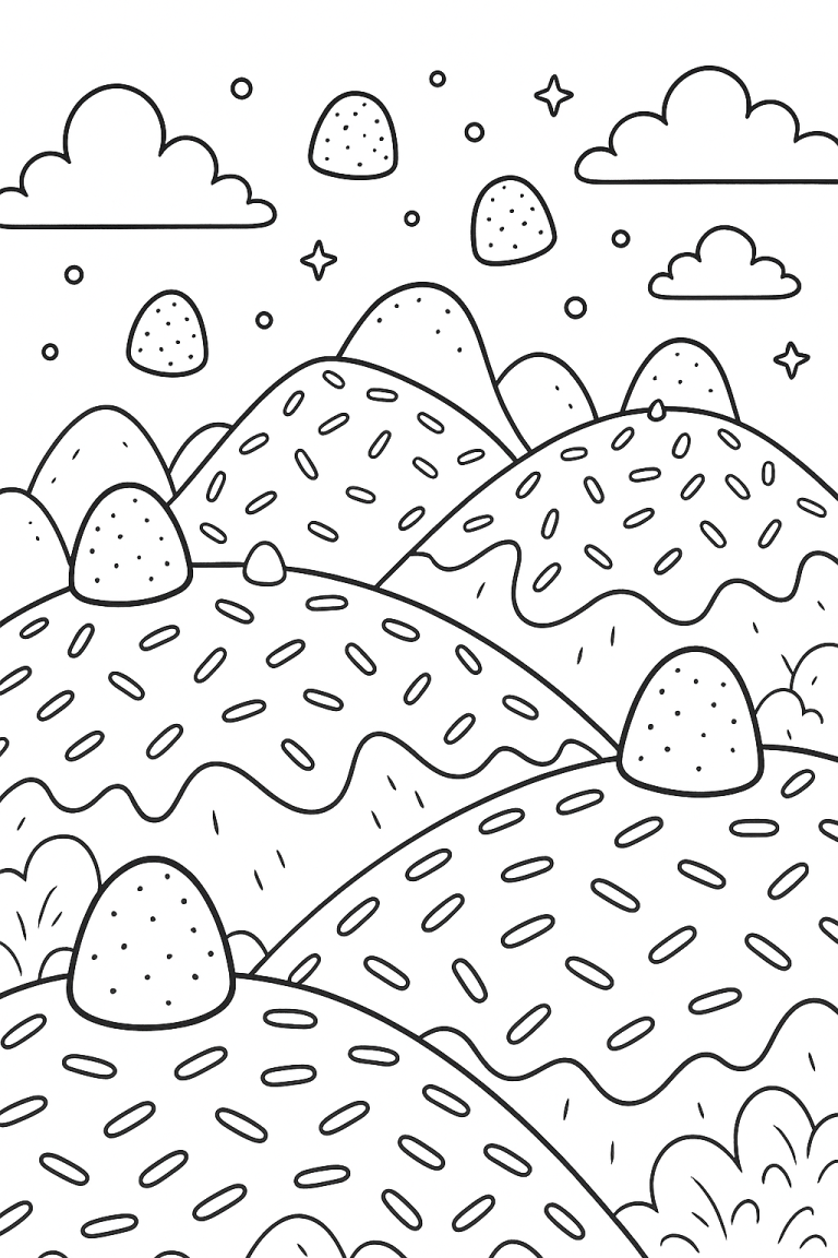Fantasy hills landscape with clouds and stars
