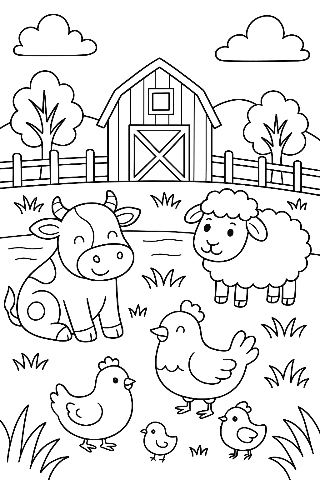 Coloring page with cow, sheep, and chickens on a farm