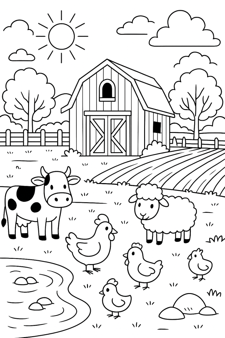 Children's coloring page of farm animals with a barn.