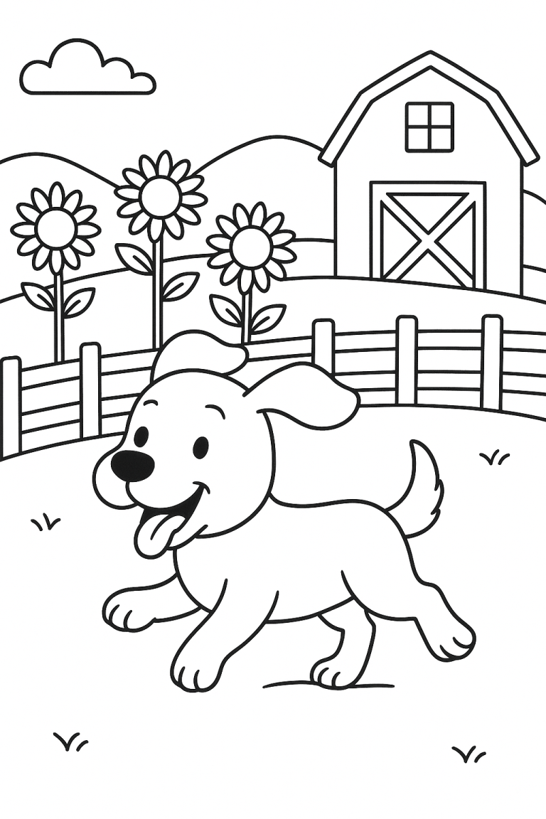 Coloring page with dog and barn
