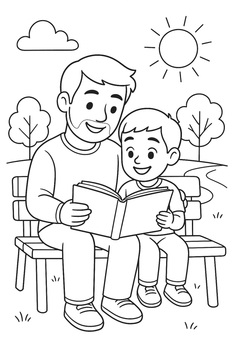 father and son reading on a park bench