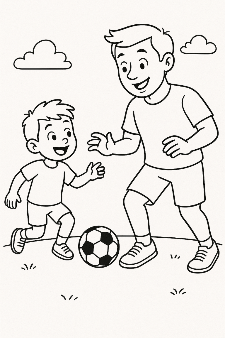 Father and son playing soccer coloring page