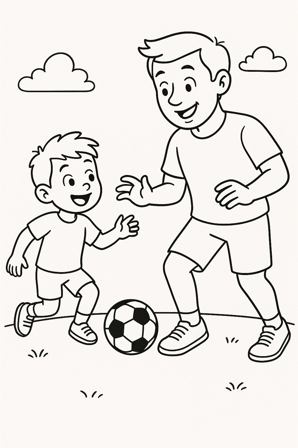 Father and son playing soccer coloring page