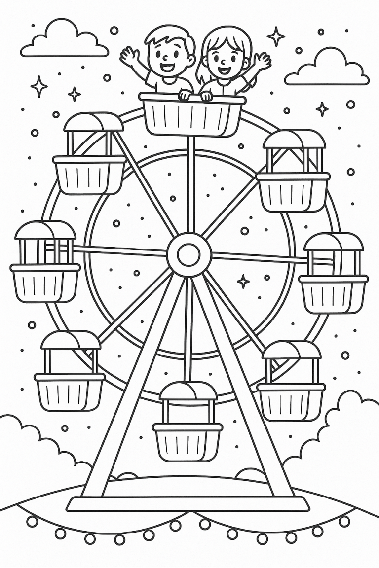 Ferris wheel coloring page with kids enjoying the ride