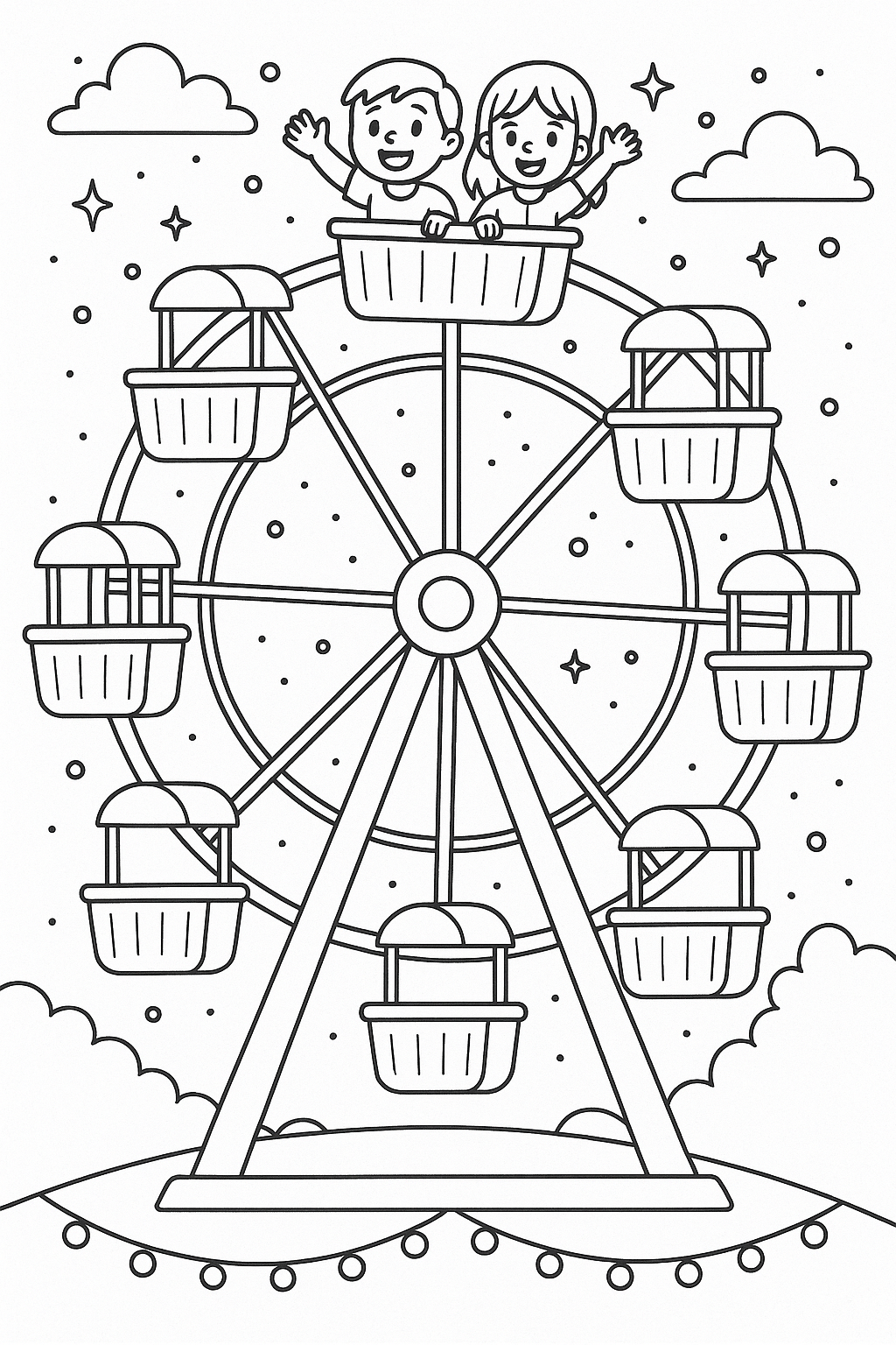 Ferris wheel coloring page with kids enjoying the ride