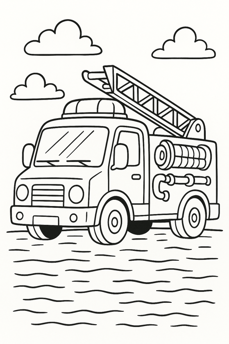 Black and white drawing of a fire truck with a ladder.