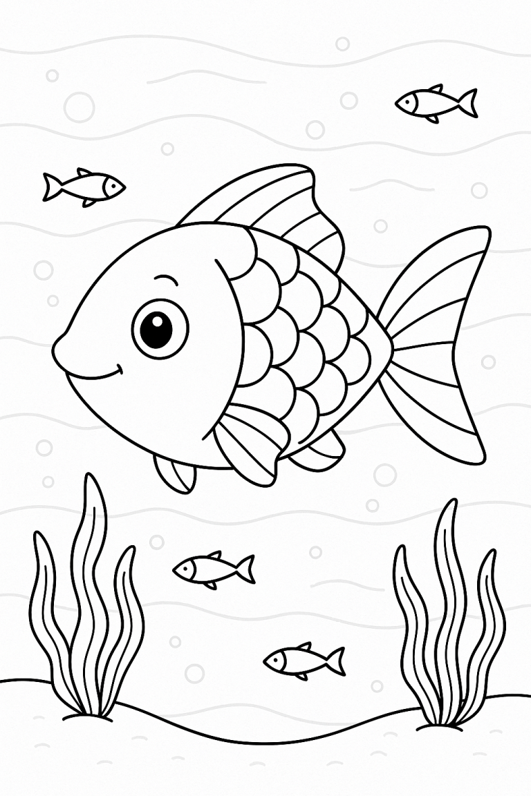 Children's coloring page with a happy fish and small fish